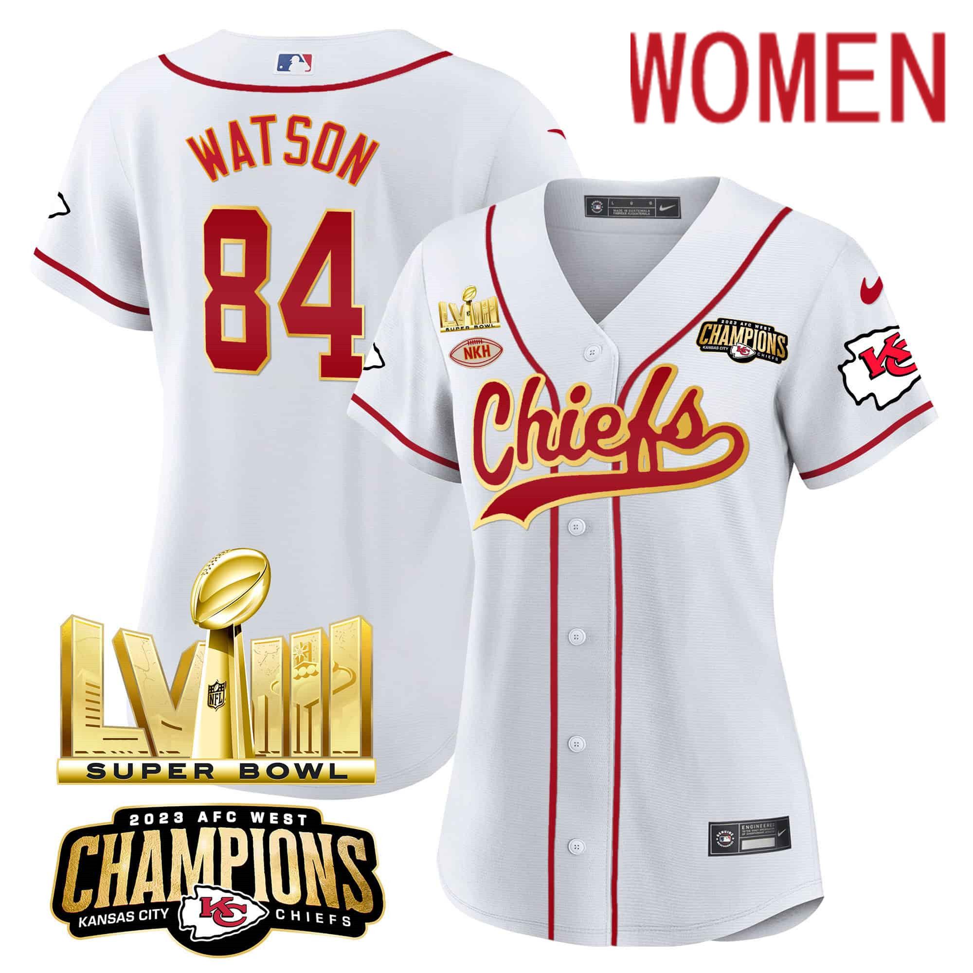 Women Kansas City Chiefs #84 Watson White 2024 Nike Super Bowl LVIII Back-2-Back Gold Patch Baseball NFL Jersey